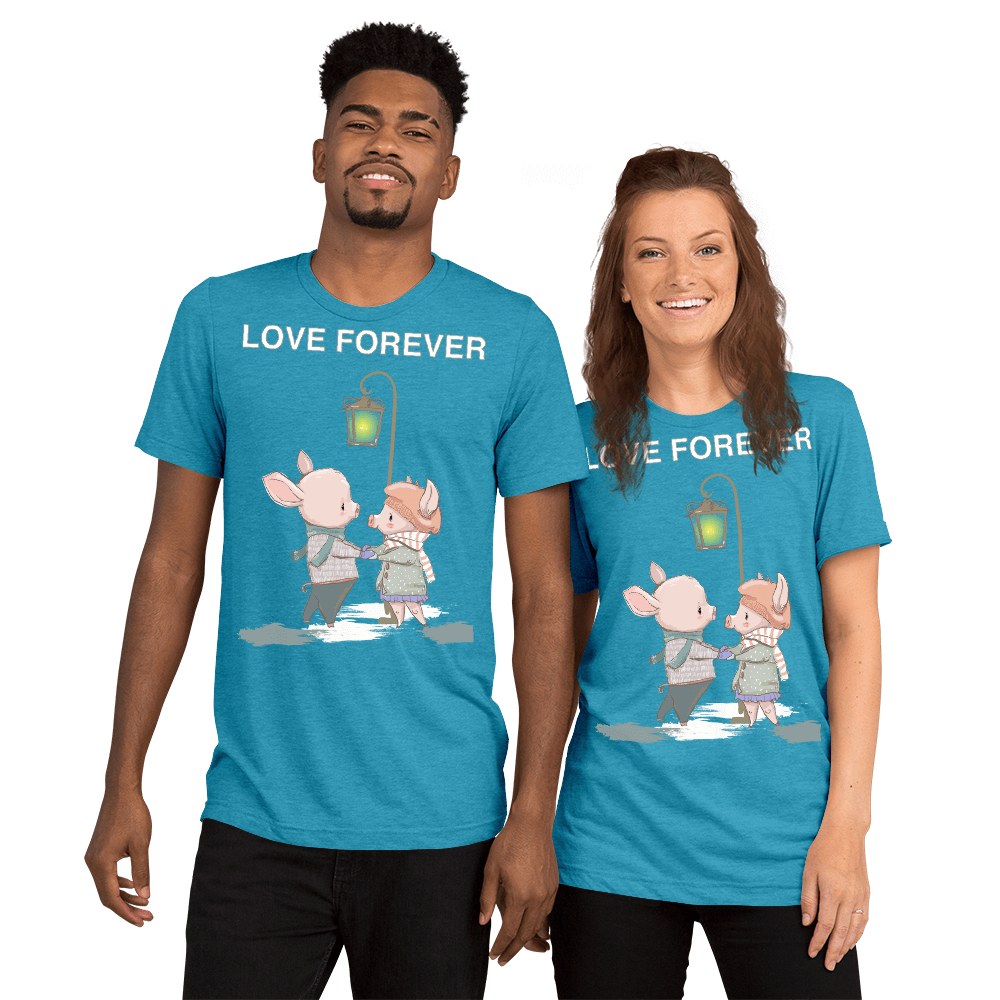 Love Forever Soft Triblend Crew Neck T-shirt with Piggy - Aqua Triblend