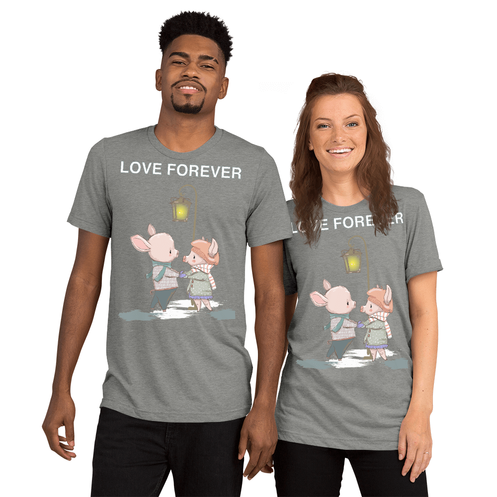 Love Forever Soft Triblend Crew Neck T-shirt with Piggy - Athletic Grey Triblend