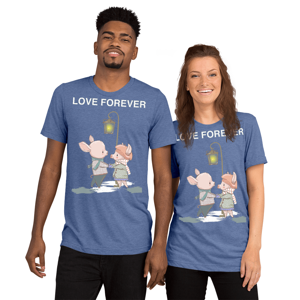 Love Forever Soft Triblend Crew Neck T-shirt with Piggy - Blue Triblend