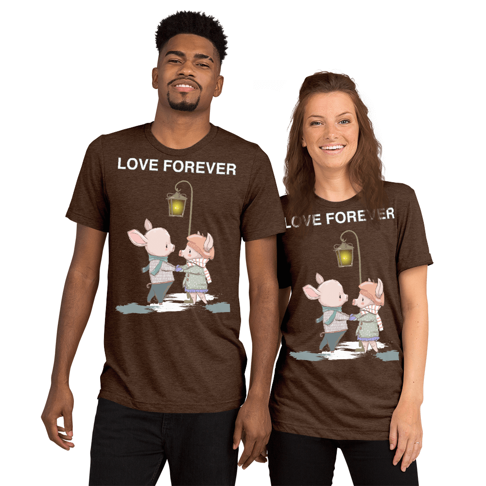 Love Forever Soft Triblend Crew Neck T-shirt with Piggy - Brown Triblend