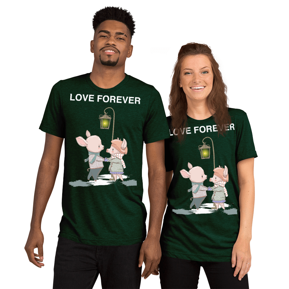 Love Forever Soft Triblend Crew Neck T-shirt with Piggy - Emerald Triblend