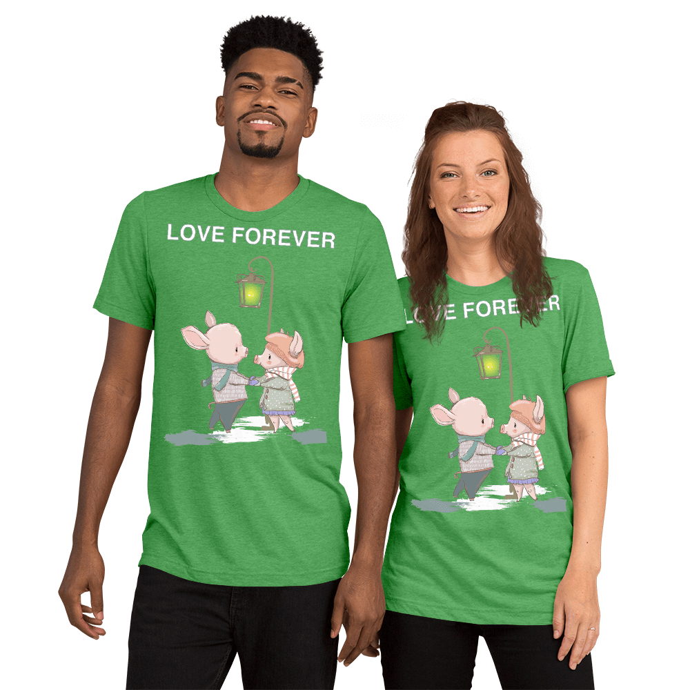 Love Forever Soft Triblend Crew Neck T-shirt with Piggy - Green Triblend