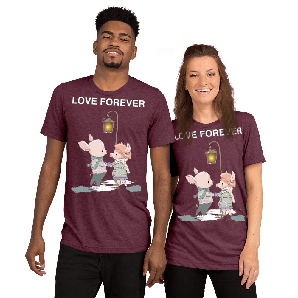 Love Forever Soft Triblend Crew Neck T-shirt with Piggy - Maroon TriblendLove Forever Soft Triblend Crew Neck T-shirt with Piggy - Maroon Triblend