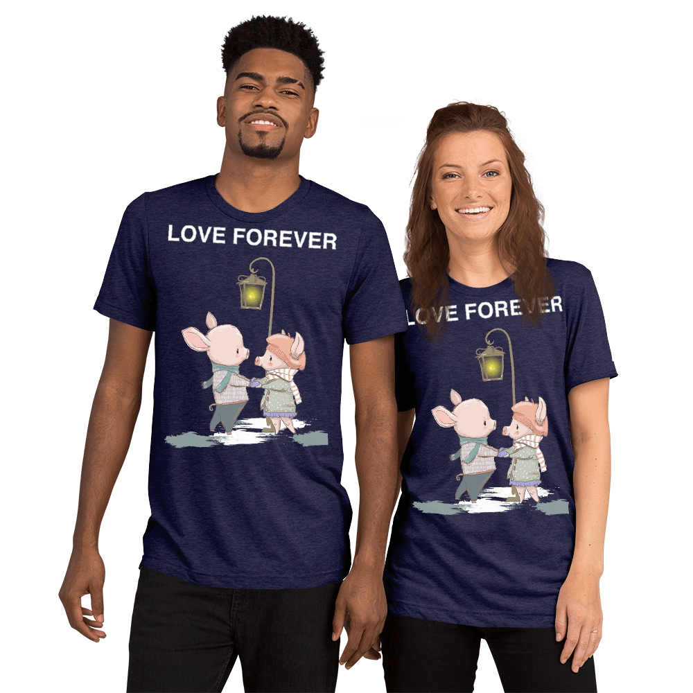 Love Forever Soft Triblend Crew Neck T-shirt with Piggy - Navy Triblend