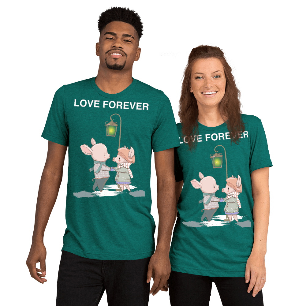 Love Forever Soft Triblend Crew Neck T-shirt with Piggy - Teal Triblend